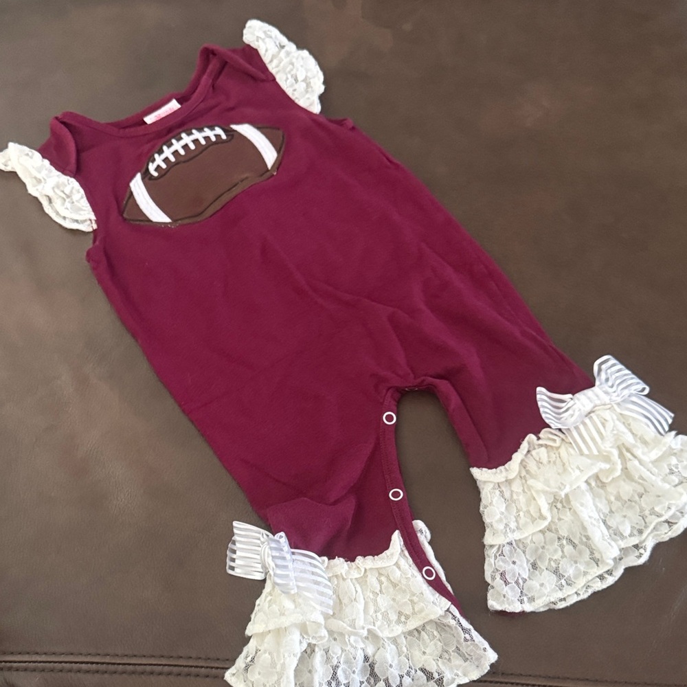 Ricrac & Ruffles Football Baby Romper with Lace Ruffles